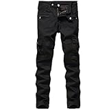 Men's Black Biker Jeans Slim Straight Stretch Skinny Fit Moto Denim Jeans,W38,Black