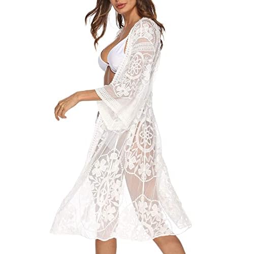 Women's Lace Cardigan Floral Crochet Sheer Beach Cover Ups Long Open Kimono White One Size