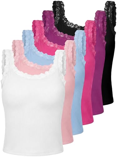 Image of Hicarer 6 Pieces Lace Camisole Tank Tops Lace Trim Camisole Straps Womens Cami Undershirt Ribbed Tank Tops for Women