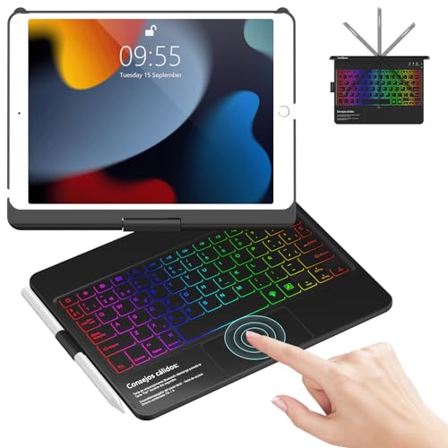 GAOJIE Funda Teclado iPad 9 Generación con Touchpad con Giratorio 360°y Soporte para Lápiz, 7 Colores Retroiluminado Español Ñ Bluetooth Trackpad Teclado para iPad 10.2 9ª/8ª/7ª Generación(Negro)