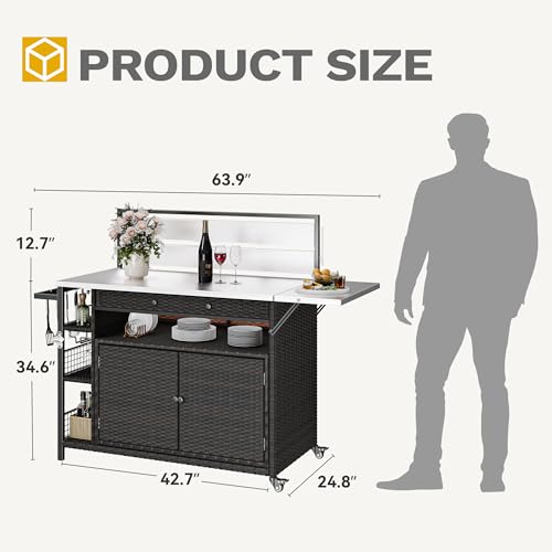 Image of DWVO XL Outdoor Bar Table & Storage Cabinet, Wheels and Stainless Steel Extended Table Top, Patio Bar Table with Side Handle for Patio Kitchen or Bar Cart, Dark Brown