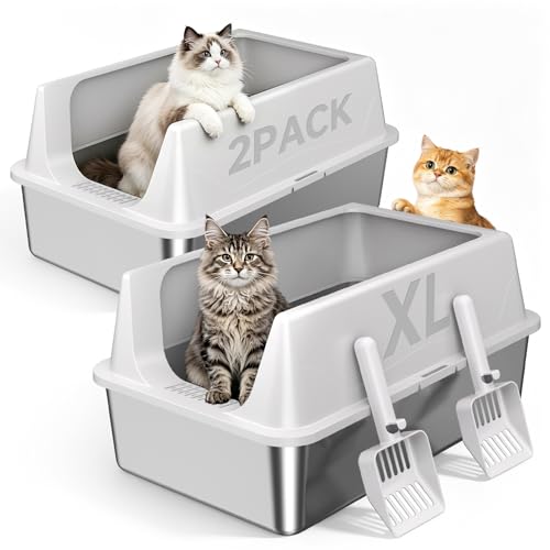 Tevila 2 Pack XL Stainless Steel Litter Box with High Sides Shield for Multi Cat Extra Large Tall Wall Open Top Deep Metal Pan for Big Cats Anti-Leak Non-Stick Odor Control 2 Scoops Included Gray