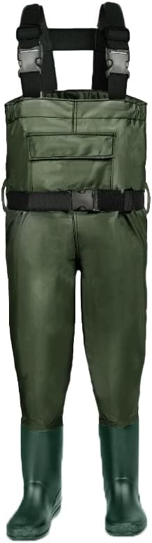 Kids Waders Waterproof PVC All-in-One with Adjustable Straps for 5-12 Years,Non-Slip Boots,Outdoor Play,Fishing,Beach,Hunting,Yellow and Camo Green