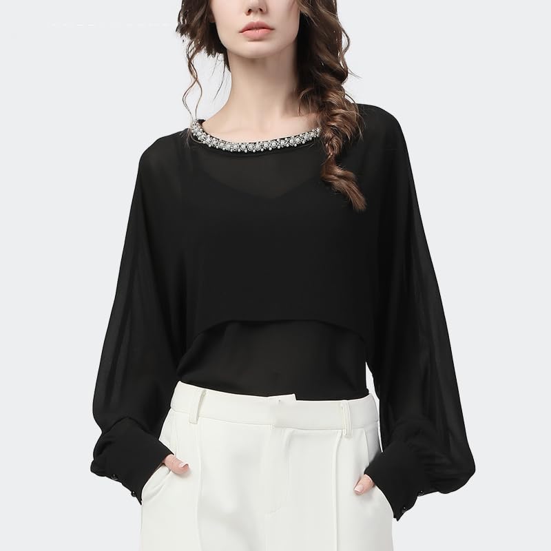 Blusa de Gasa negra con Cuello Redondo y Cuentas para Mujer, Blusa Holgada de Manga Larga de Talla grande, Tops Informales de Oficina para Mujer de otoño (Negro XS)