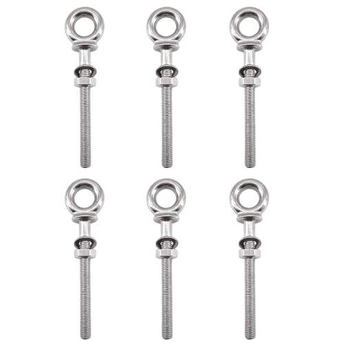 Image of M6x60 Lifting Eye Bolts 316 Stainless Steel Long Shank Eyebolts with Washer and Nut Pack of 6