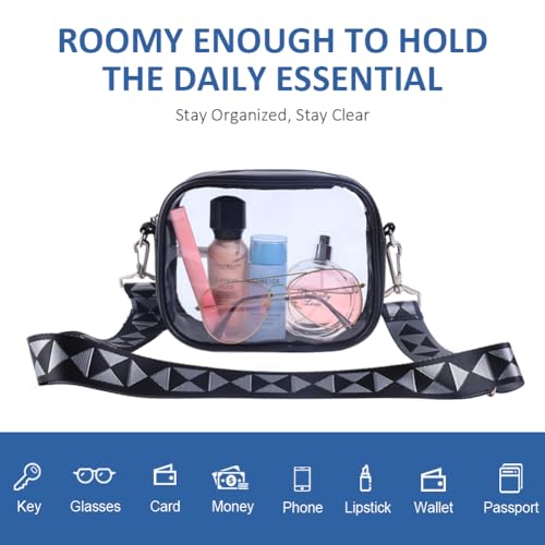 Clearworld Unisex-Adults Clear Crossbody Bag, Black, 7.5"W x 6"H x 2.7"D, Stadium Approved, Adjustable Shoulder Strap2