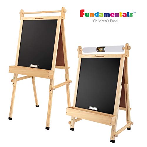 Fundamentals Kids Art Easel 3 In 1 Multipurpose Wooden Art Easel, Chalk Board & Dry Erase White Board & Paper Roll With Paper Clamp Adjustable Height 36.5"- 51" - Natural Finish #TOP6