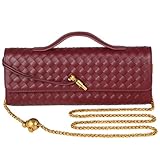 XINGFENGSU Woven Evening Bag Clutch Purses For Women, Woven Leather Crossbody Bag Purse For Women With Gold Chain. (Wine Red)