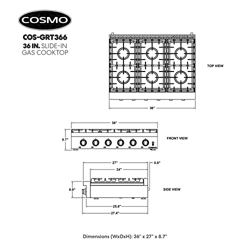 Cosmo COS-GRT366 Slide-In Counter Gas-Cooktop 36 Inch | 6 Italian-Made Burner Range-Top thumb #4