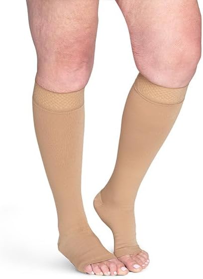 Sigvaris Specialty 552 Secure Unisex 20-30 Open Toe Knee High Compression Stockings w/Silicone Band Beige X3 Short Full