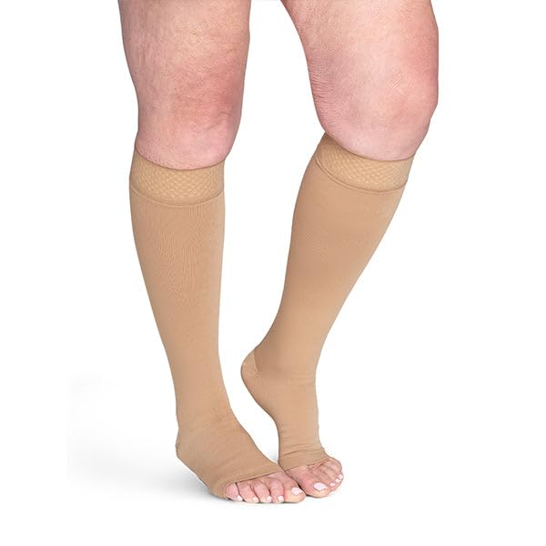 Image of Sigvaris Specialty 552 Secure Unisex 20-30 Open Toe Knee High Compression Stockings w /Silicone Band Black X4 Long Full