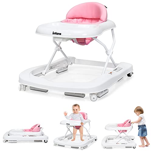 Image of INFANS Foldable Baby Walker, 3 in 1 Toddler Walker Learning-Seated Walk-Behind for Boys and Girls, Adjustable Speed Rear Wheels, Safety Bumper, Detachable Seat Cover, Anti-Rollover (Pink)