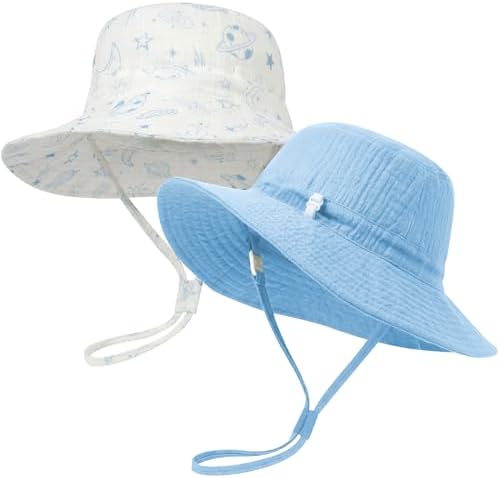 Play Tailor 2 Pack Newborn Baby Sun Hat Breathable Muslin Cotton Infant Bucket Cap Adjustable Wide Brim Summer Beach 0-9M, Sky Blue