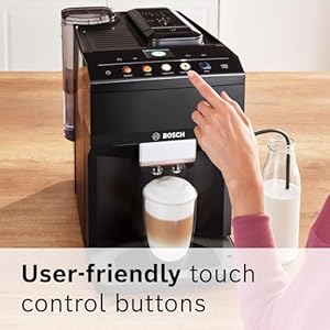 Bosch tpu40109 500 series fully automatic espresso machine with whole bean compartment and ground coffee chute tft display touch control panel external milk system and 9 beverage options black  urban country home decor