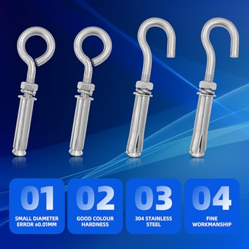 Image of 10Pcs M8x48mm Expansion Concrete Eyebolt Screw Wall Hooks, 304 Stainless Steel Eye Bolt Heavy Duty Bolts Anchors Fastener for Wall Ceiling Concrete Masonry Surface Hanging