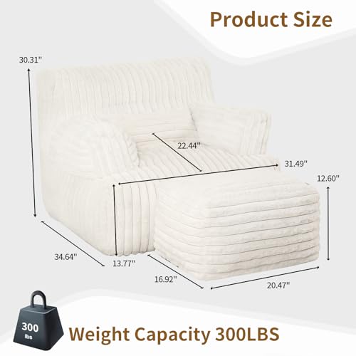 MOMCAYWEX Comfy Gaint Bean Bag Chair with Ottoman, Fluffy Huge Bean Bag Armchair for Adults and Teens, Cream