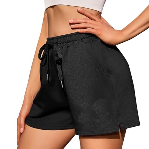 Jezonga Shorts Damen Sommer High Waist Sport Shorts Weit Kurze Hose Kurze Schwarze Sporthosen mit Taschen Running Freizeit Sweat Shorts M