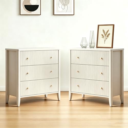 Image of Fatmok Fluted 3 Drawer Dresser for Bedroom Set of 2, 34 inch Wide Chest of Drawers, Modern Wood Nightstand End Table with Metal Handles, Striped Storage Cabinet for Living Room, Hallway, Alabaster White