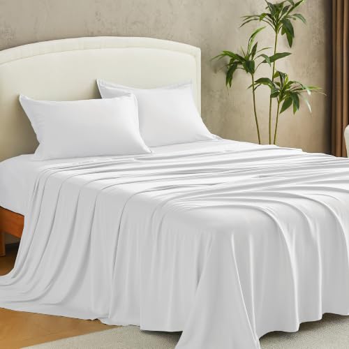 Image of Andency Sateen Sheets Set, 100% Viscose Derived from Bamboo, Hotel Luxury Silky & Cooling for Hot Sleepers, Deep Pocket Up to 16 inch, White Queen