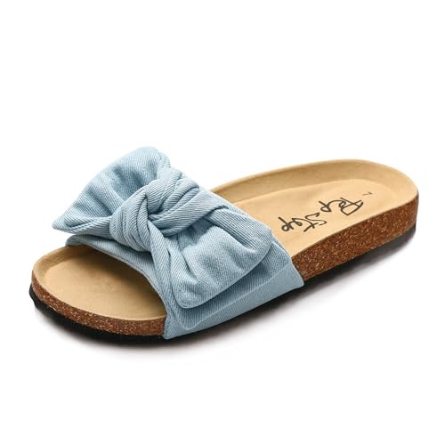 PepStep Slide Sandals for Women or Ladies Dressy Summer Casual, Cute Bow Tie Knot On Top Strap, Comfy Slip On Cork Foot Bed(8,Ltblue Jeans)