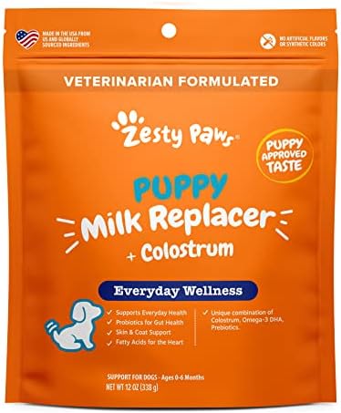 Zesty Paws Puppy Milk Replacer + Colostrum - Milk Replacement Supplement Powder for Puppies & Senior Dogs - Omega 3 DHA, Prebiotics & Probiotics for Dogs - for Skin, Coat, Heart & Gut Health - 12 oz…