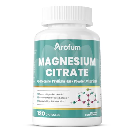 Arofum Magnesium Citrate Capsules for Constipation & Sleep Support - Vegan Magnesium Citrate Supplement with Vitamin B6 & L-Theanine for High Absorption - 120 Capsules Non-GMO