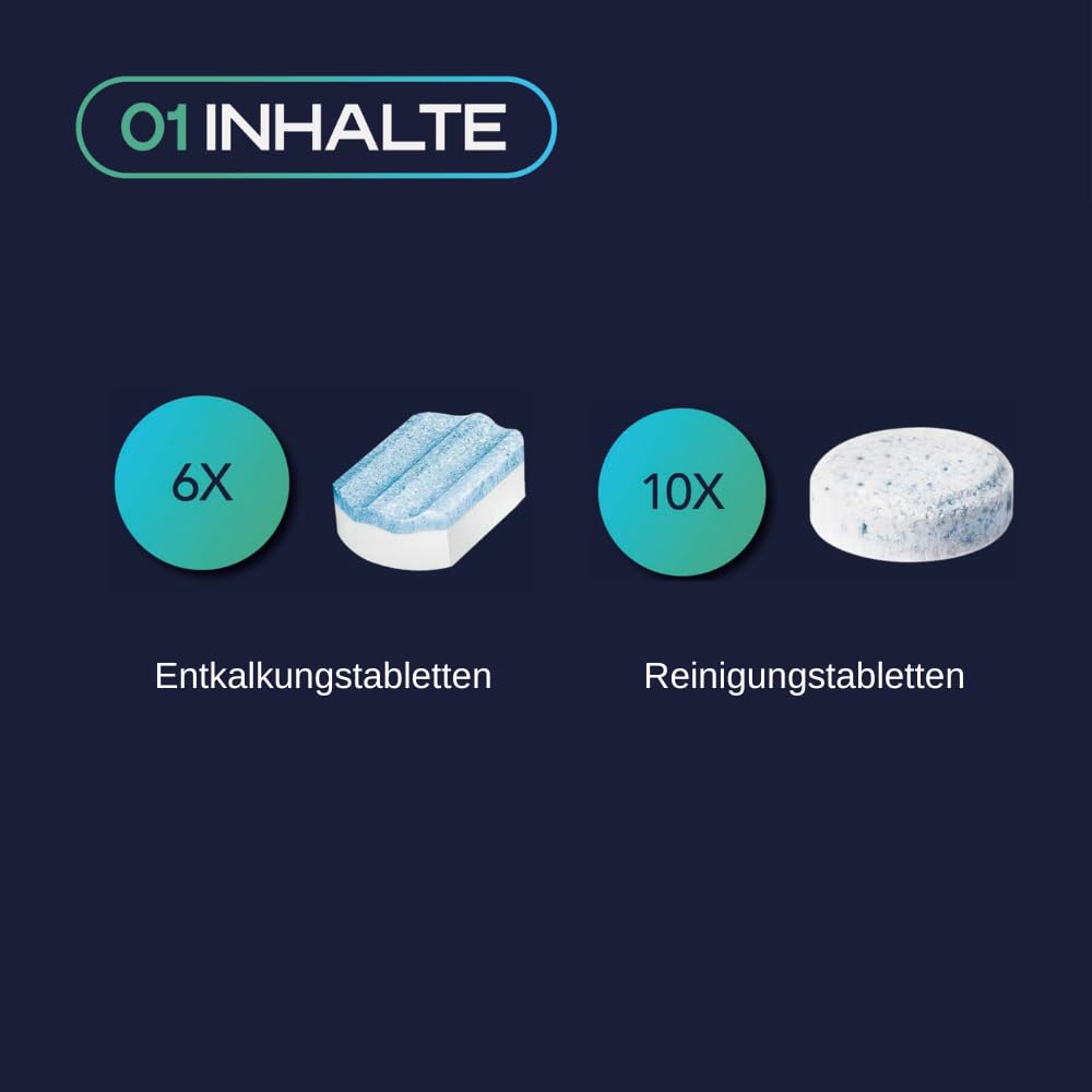 10x Reinigungstabletten & 6x Entkalkungstabletten, kompatibel mit Siemens EQ Series Kaffeevollautomaten - Reinigung Kaffeeautomat - Entfernt Kaffeeöle aus der Brüheinheit, entfernt Kalk