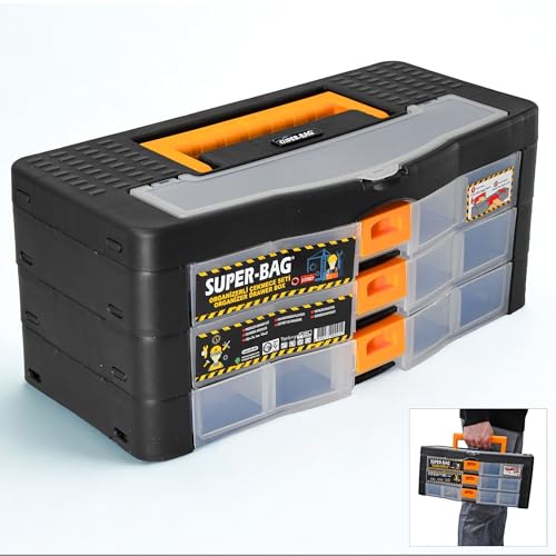 Werkzeugkoffer Kleinteile Organizer 3 Schubladen 390x190x170mm Sortierkasten 16 Innenfächer verstellbar Sortimentskasten stapelbar Werkzeugbox Aufbewahrungsbox Kleinteilemagazin