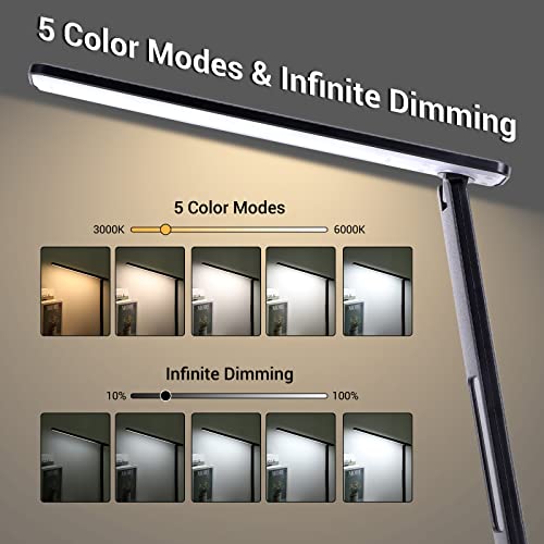 10W Led Desk Lamp With Wireless Charger,Touch Control Desk Light With Usb Charging Port,Stepless Dimming Office Lamp With 5 Color Modes,Study Lamp With Clock,Alarm,Date,Temperature,Small Night Light #TOP2