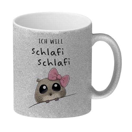 speecheese Meme Hamster Glitzer-Kaffeebecher mit Spruch Ich will Schlafi Schlafi Berühmte Traurige Maus mit Kulleraugen Trendiger Hamstertrend Meme-Fans Hamstertasse