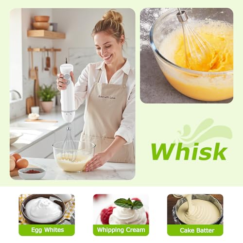Bonsenkitchen Hand Blender, Immersion Blender with 2 Mixing Speed, 4-In-1 Stainless Steel Handheld Stick Mixer with Egg Whisk, Beaker & Chopper Bowl, for Baby Food, Soups, Smoothies, White