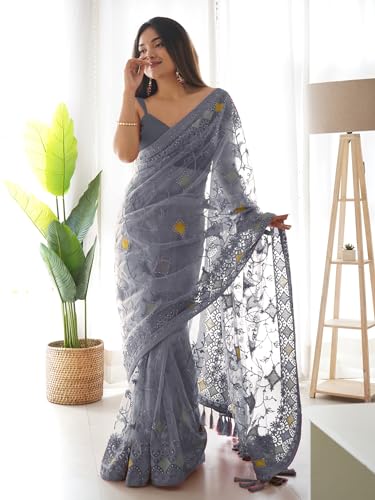 Image of AKHILAM Women's Net Woven Design Saree With Unstitched Blouse Piece (AAVYA701 HV-Parent)