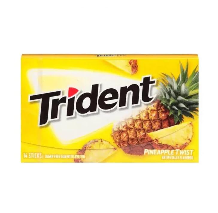 Image of Trident Sugar Free Chewing Gum Pineapple Flavor, Tropical Twist, Island Berry Lime, Watermelon, Bubblegum Flavor 14 Sticks, 26.6 g | Pack Of 5 | Imported Chewing Gum