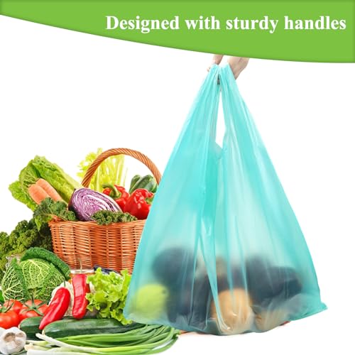 T Shirt Bags, Plastic Bags with Handles for Grocery and Retail Shopping, Bolsas De Plastico Para Negocio, 16x23 Inch (Lake Blue, 100pcs)