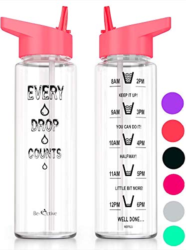 Be-Active Motivational Sports Water Bottle BPA Free Hydrate Times to Drink (Coral)