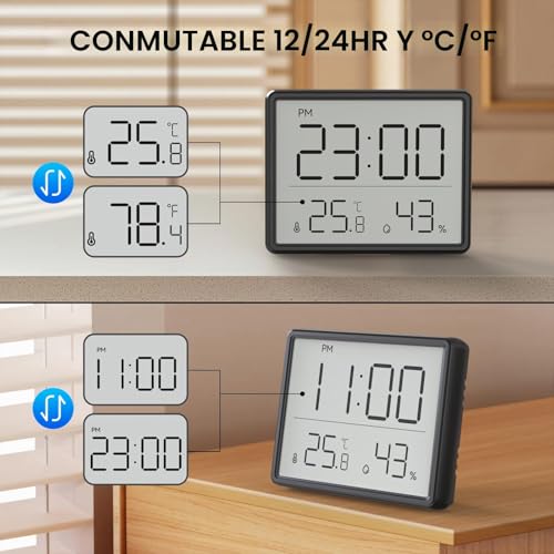 Miniatura 5 de Lancoon Termómetro Higrómetro Digital, Lcd Pequeño Reloj Despertador Con Temperatura Humedad Multifuncional 12 24 Horas Para Hogar Estudiantes Oficina
