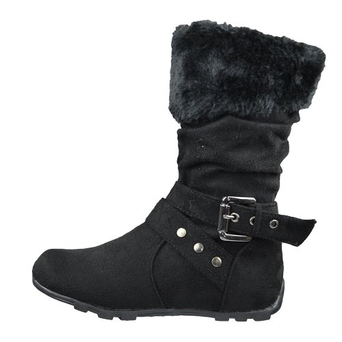 Kids Mid Calf Boots Fur Cuff and Studded Strap Casual Comfort Shoes Black2