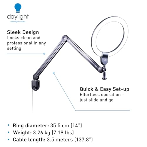 Daylight Aura On Arm™ LED Ring Light – 4,500 Lux at 12", 90+ CRI, 6,000K Daylight LEDs, 57" Extendable Arm, Dimmable, Wall or Table Mount, Pivoting Head – Black by daylight - Image 4