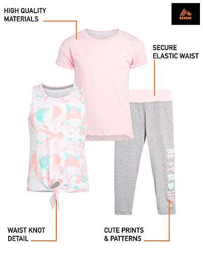 Rbx Girls' Activewear Set - Short Sleeve Performance T-Shirt, Tank Top, And Capri Leggings (4-12), Size 7/8, Pink Be Strong #TOP1