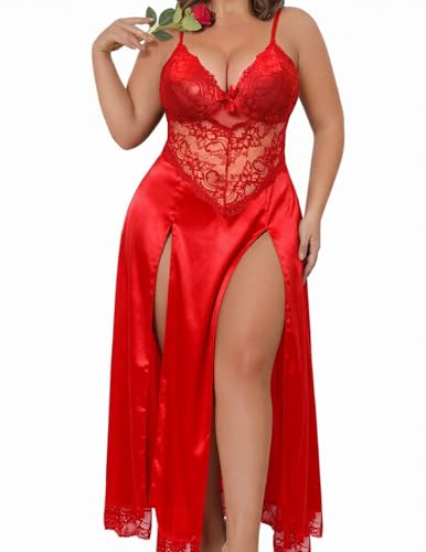 Image of Alrovetoney Plus Size Lingerie For Women Babydoll Sexy Mesh Maxi Nightdress Exotic Sleepwear Side Slits
