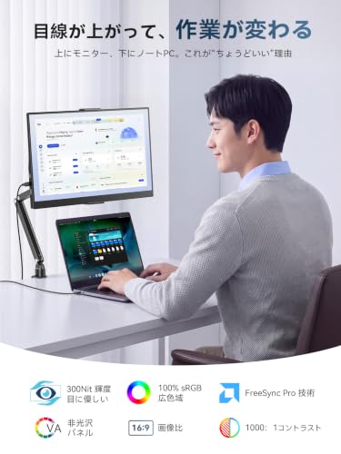 EVICIV モバイルモニター 15.6インチ クランプ式 スタンド付き VA 非光沢パネル FHD 薄型 軽量 自立型 ポータブルディスプレイ