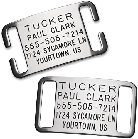 CollarTags Slide on Dog ID Tags Engraved for Pets - Boomerang Tags, Personalized, Silent, Custom Slide-on Stainless Steel Dog and Cat Name Tags for 1 Inch Wide Nylon Collars - Closed End, Large