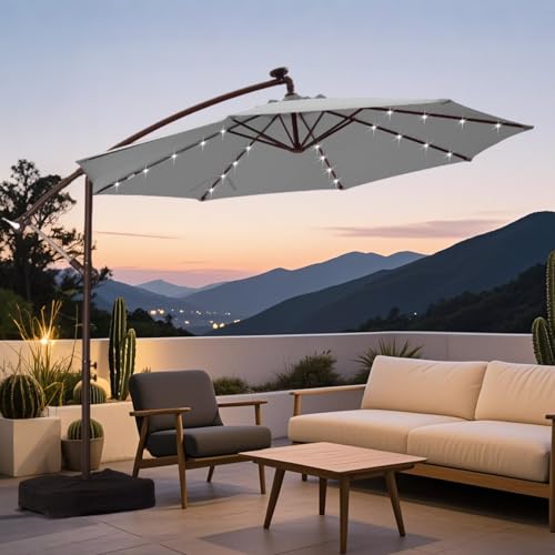 Ayge 10ft Offset Solar LED Cantilever Umbrella – Durable UV-Resistant Outdoor Patio Umbrella with Easy Tilt for Backyard, Pool & Lawn (Base Included