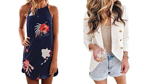 Asvivid Womens Tropical Floral Halter Short Summer Dresses For Women Double Breasted Womens Blazers For Work Casual White Blazer #TOP17