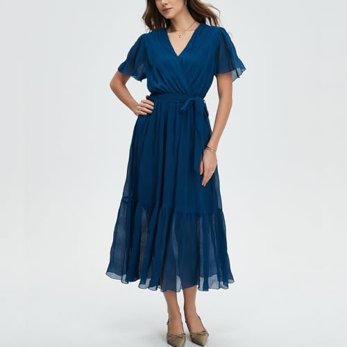 Image of Women's Summer Bohemian Floral Chiffon Dress Cap Sleeve V Neck Ruffle Long Flowy Boho Casual Vacation Dresses
