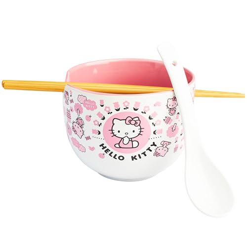Get Trend Hello Kitty Sanrio Set Ciotole Ramen 600ml, Ciotola di Spaghetti di Riso Giapponesi con Cucchiaino Ceramica e Bacchette di Bambù, Adatto al Microonde (Multi Hello Kitty)