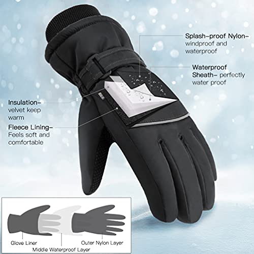 Kids Winter Gloves Snow Ski - Boys Girls Warm Waterproof Windproof Cold Weather Thermal Fleece Anti Slip Mittens With Grip For Skiing Snowboard Outdoor Sport Black Aged 6 - 8 Years #TOP1