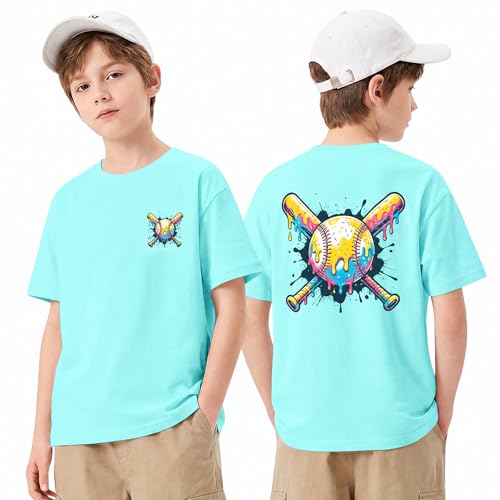 Cozople Boys Sports Graphic Shirts Baseball Ice Cream Drip Design Short Sleeve Casual Shirt for Everyday Wear Size 11-12