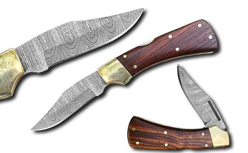 Novahaven Damaststahl Taschenmesser – Klappmesser für EDC, Jagd, Camping & Survival mit Holz-, Knochen- oder Harzgriff – Outdoor Geschenk-Messer (Mehrere Farben) (Dunkelholz)