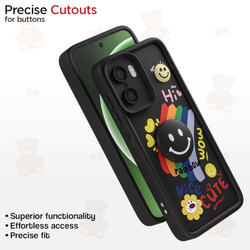 Image of Pikkme Back Cover for OnePlus 15R 5G | Soft Silicone| Cute Rainbow Smile & 3D Cartoon Flower Design | Shockproof Raised Camera Protection Bumper Case (Black)